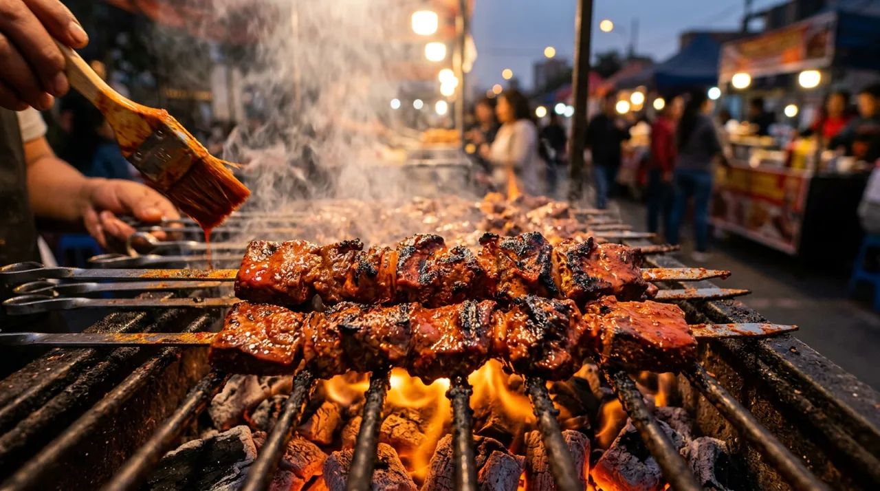 Anticuchos asándose sobre brasas, pintados con marinada de ají panca