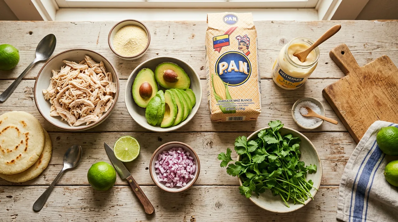 Ingredientes para arepas reina pepiada: harina de maíz, pollo, aguacate y limón