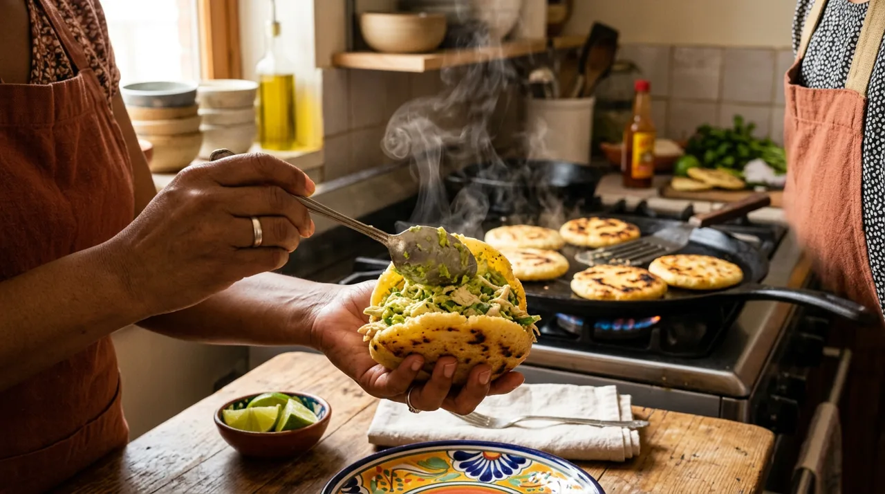Rellenando una arepa dorada con ensalada cremosa de pollo y aguacate
