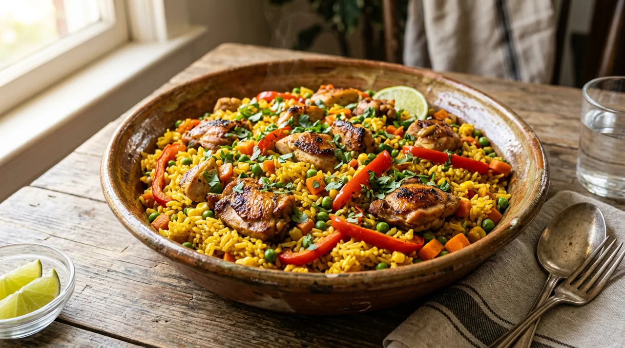 Ingredientes para arroz con pollo: muslos de pollo, arroz, pimiento rojo, chícharos, zanahoria y caldo