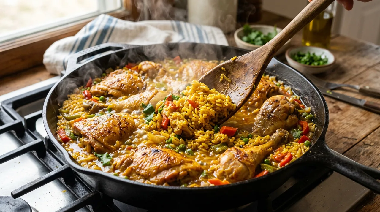 El arroz con pollo cociéndose lentamente en la olla