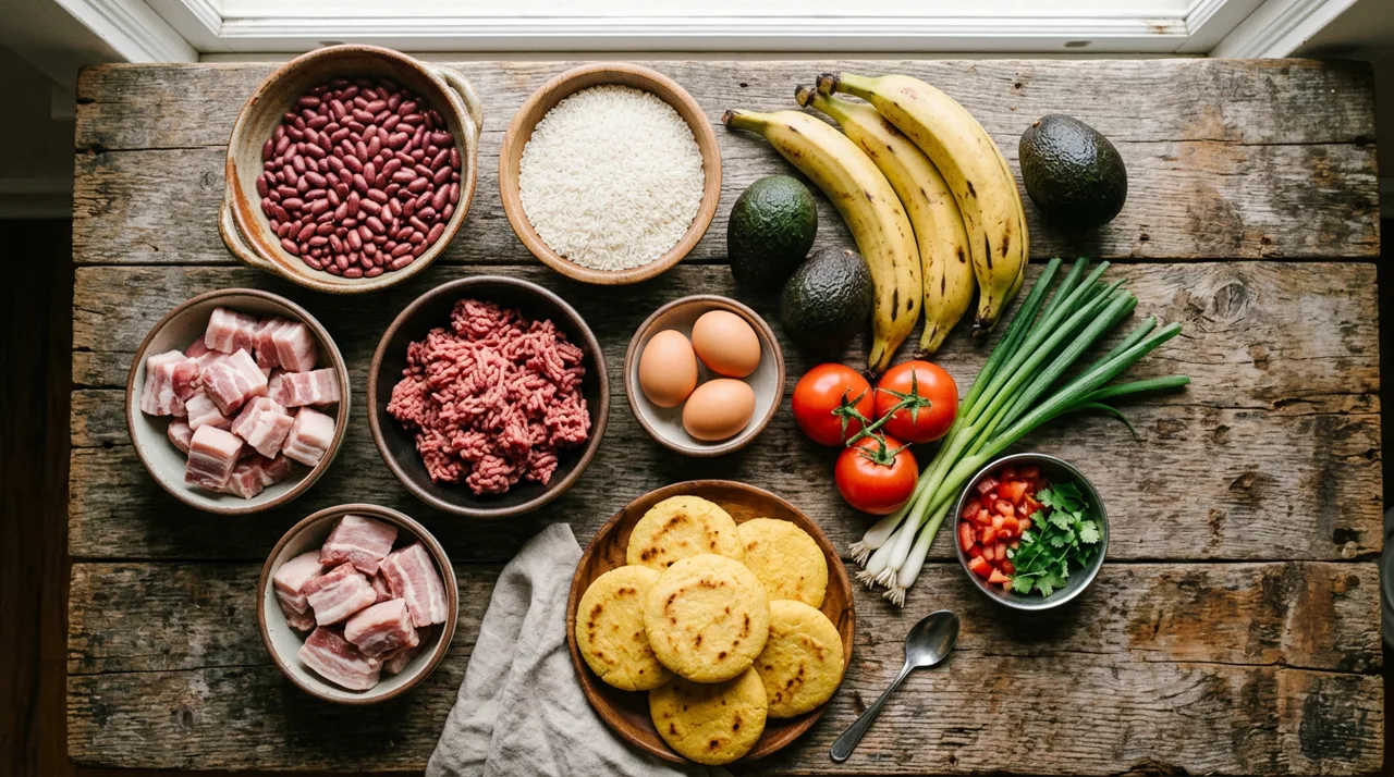 Ingredientes de la bandeja paisa: frijoles, chicharrón, plátano maduro y aguacate