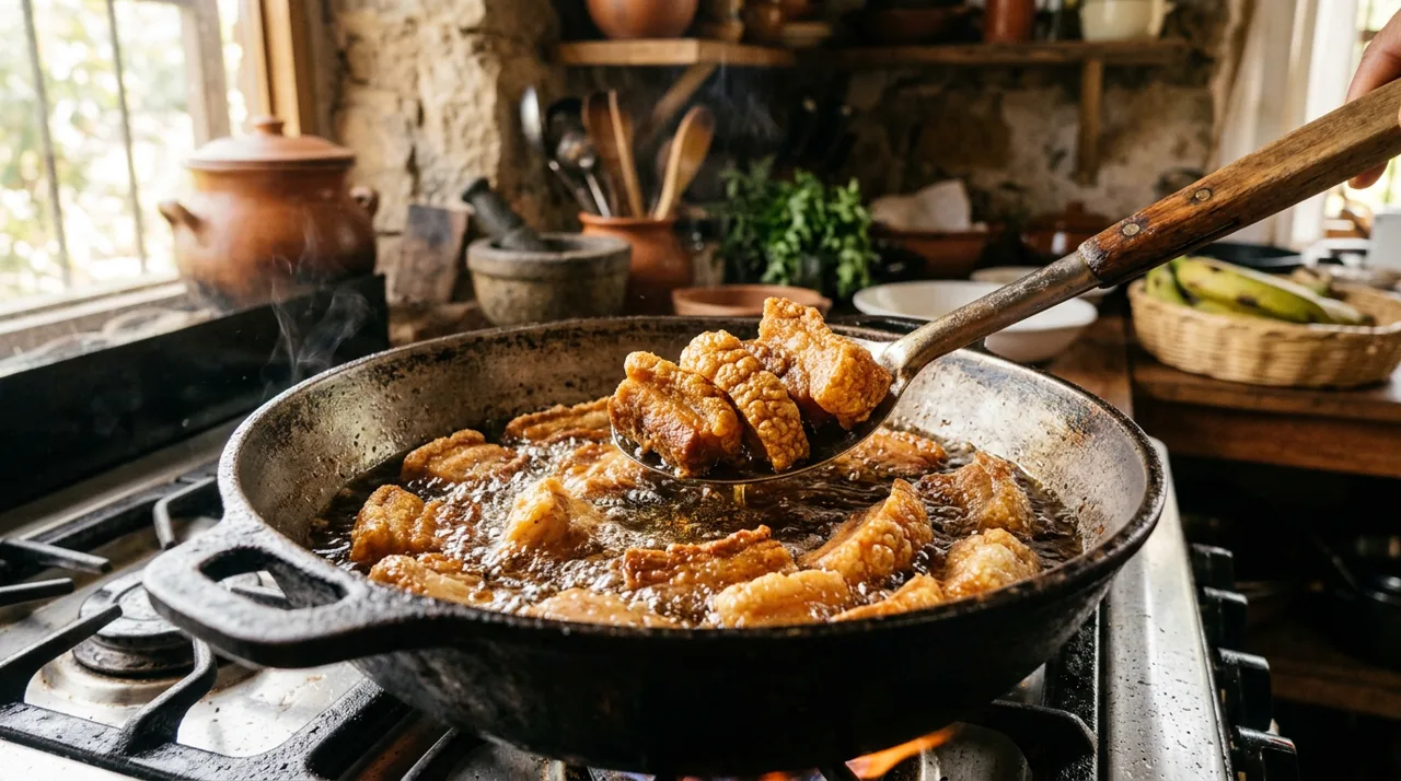 Chicharrón dorándose para la bandeja paisa