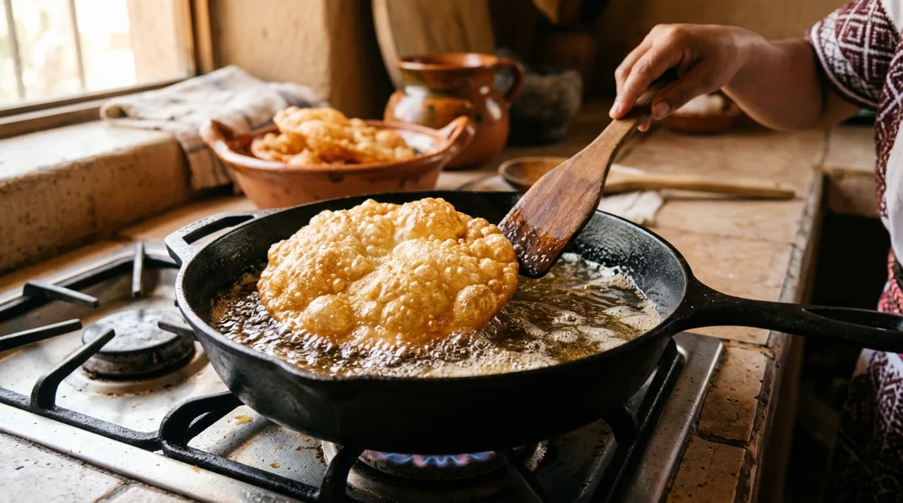 Buñuelo inflándose al freírse en aceite caliente