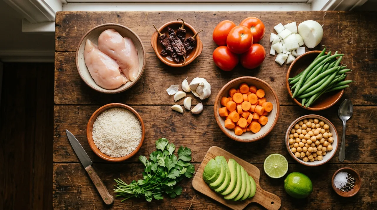 Ingredientes para caldo tlalpeño: pollo, chipotles, jitomates, verduras, garbanzos y aguacate