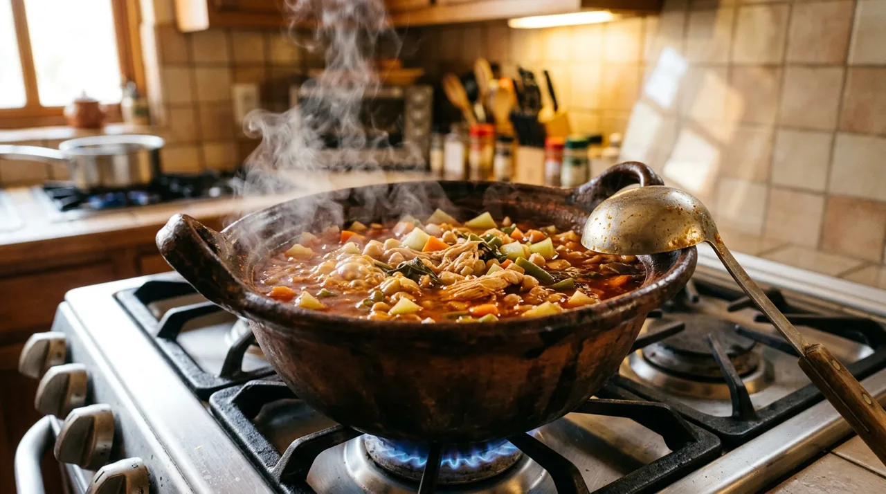 Olla de barro con caldo tlalpeño hirviendo