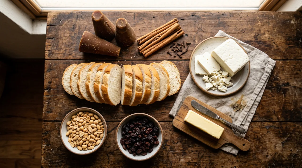 Ingredientes para capirotada: bolillo, piloncillo, canela, queso, cacahuates y pasas