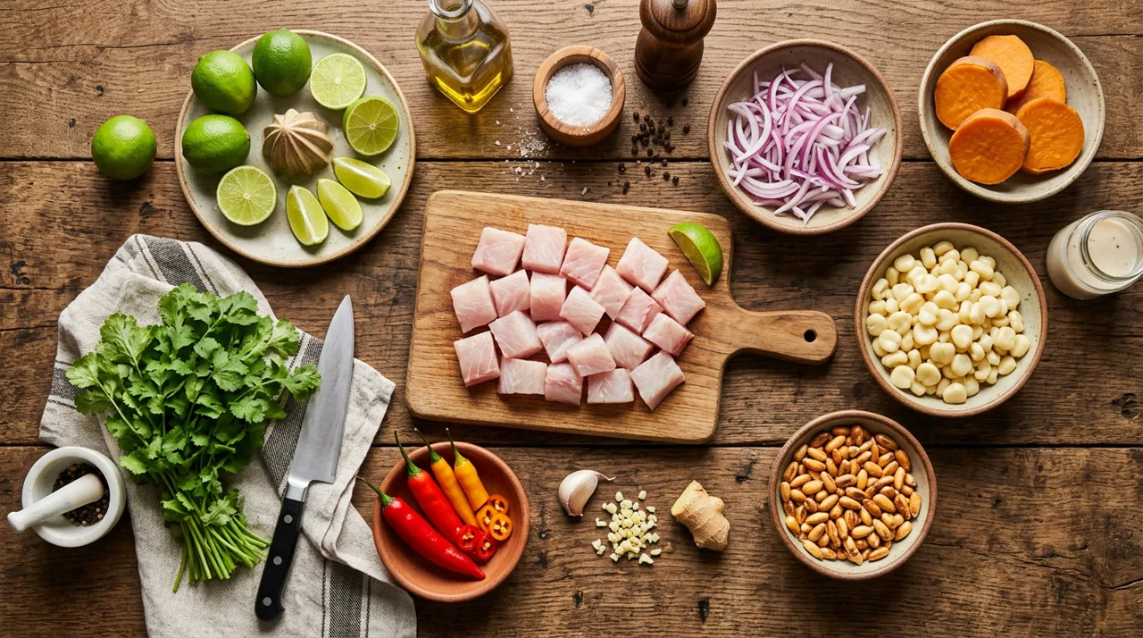 Ingredientes del ceviche peruano: pescado fresco, limón, ají limo, cebolla morada y cilantro