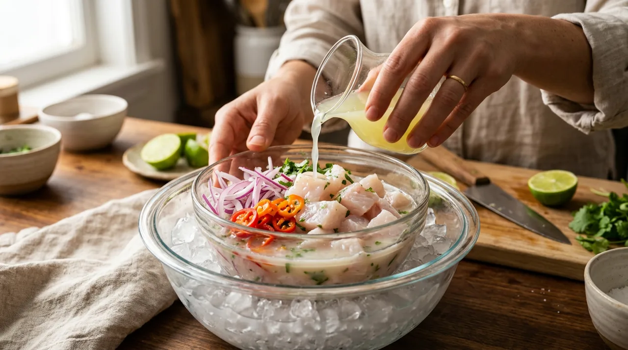 Vertiendo jugo de limón fresco sobre el pescado para preparar el ceviche peruano