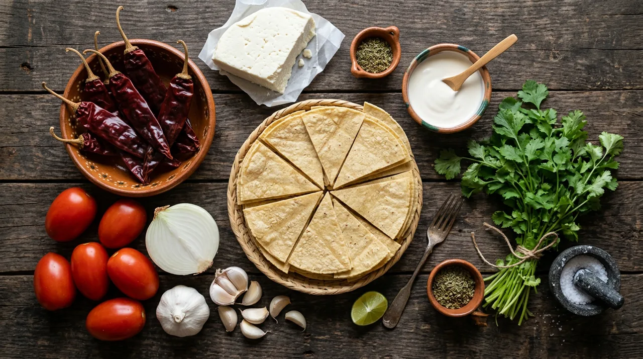 Ingredientes para chilaquiles rojos: chiles guajillo, jitomates, tortillas, queso fresco y crema