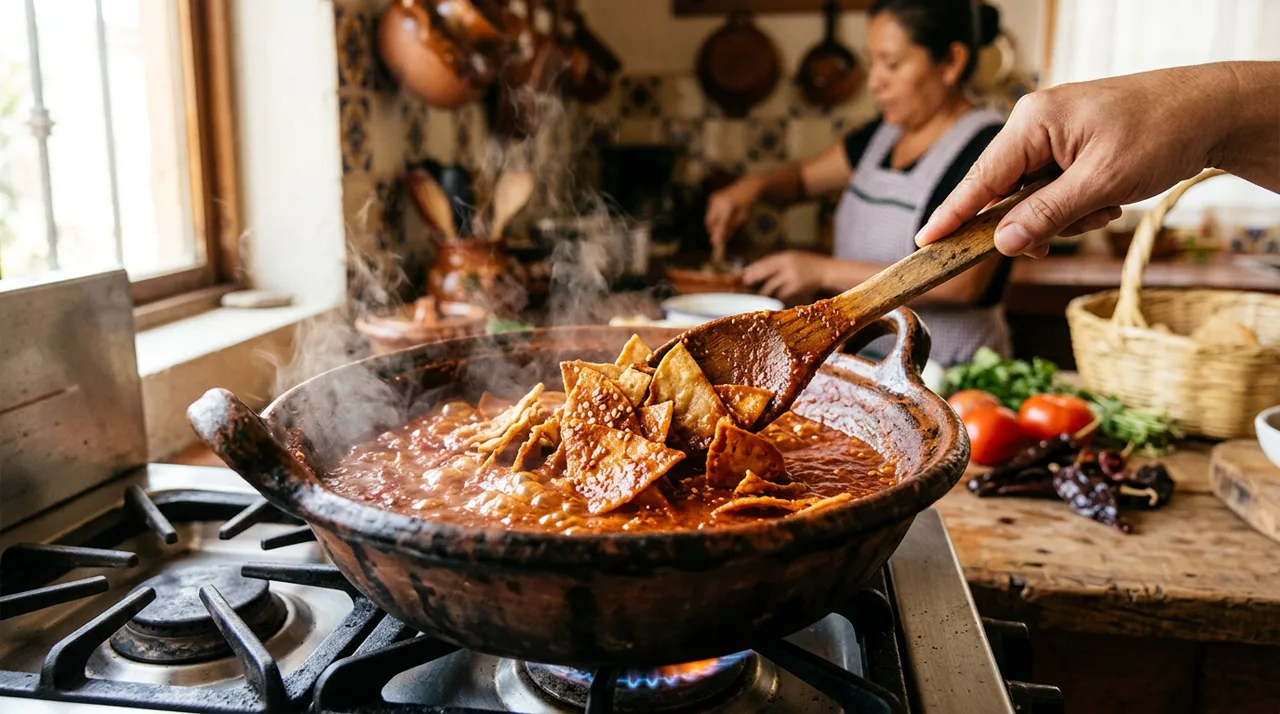 Totopos crujientes bañándose en salsa roja hirviendo
