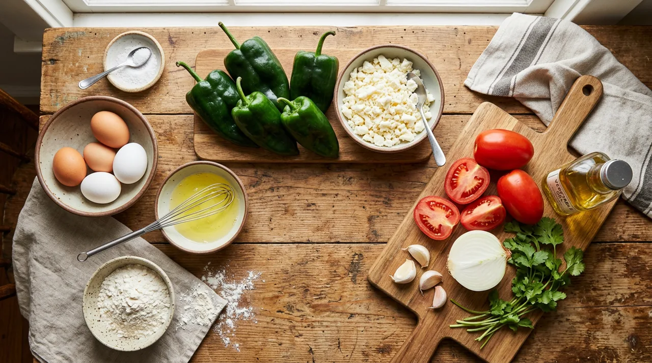 Ingredientes para chiles rellenos: chiles poblanos, queso, huevos, harina y jitomates