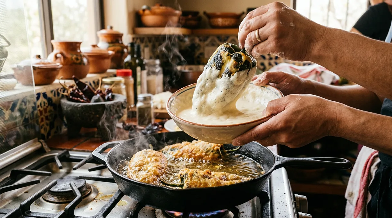 Capeando un chile poblano relleno de queso en huevo batido antes de freírlo