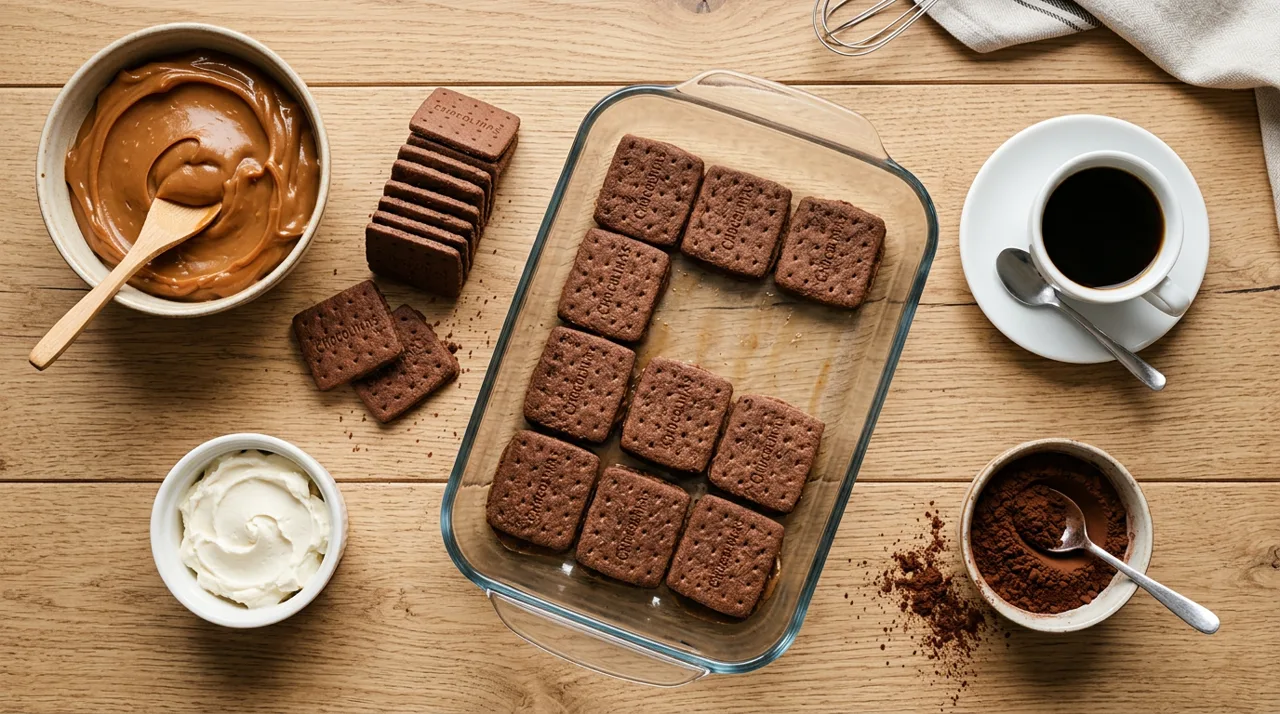 Ingredientes de la chocotorta: galletitas, dulce de leche, queso crema y café
