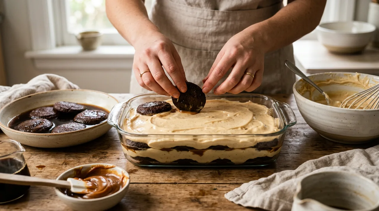 Armando las capas de la chocotorta en un molde de vidrio