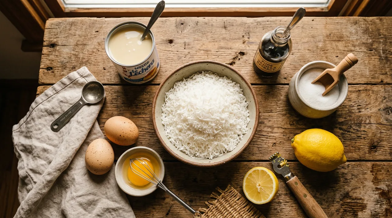 Ingredientes para cocadas: coco rallado, leche condensada, huevos, vainilla y azúcar