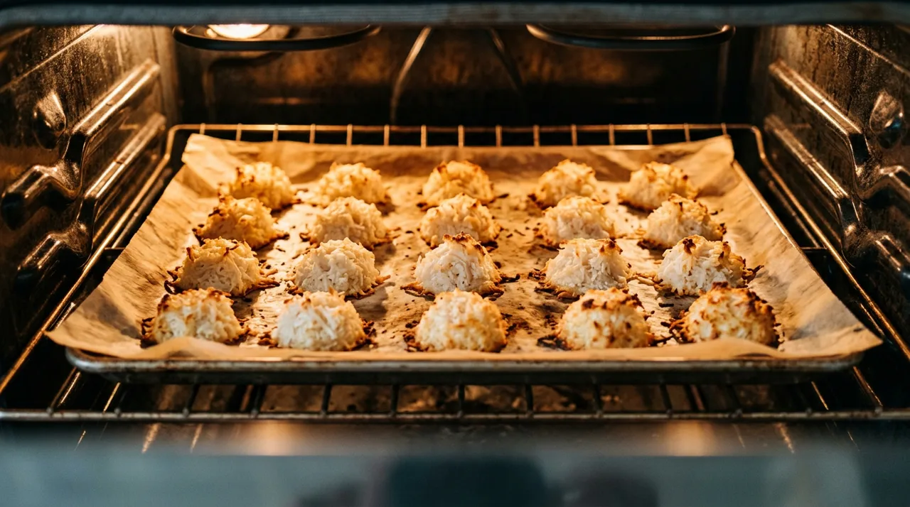 Cocadas horneándose: montañitas de coco dorándose en charola dentro del horno