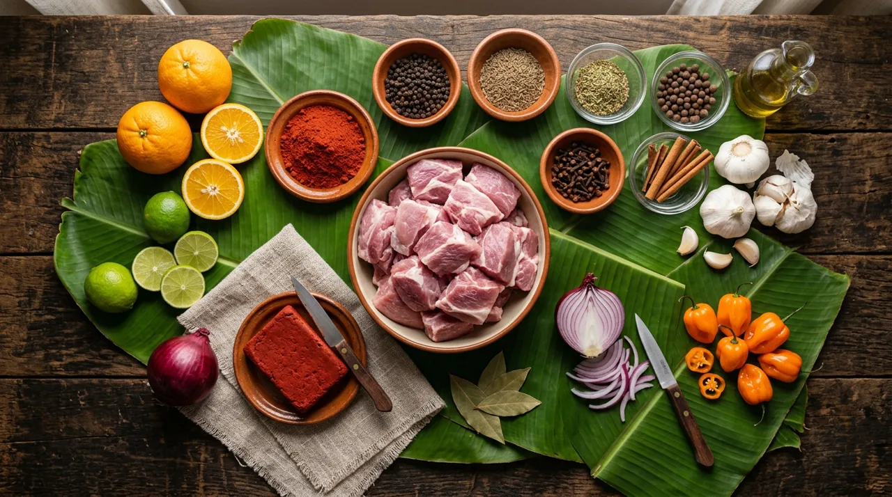 Ingredientes para preparar cochinita pibil: cerdo, achiote, naranja agria y especias