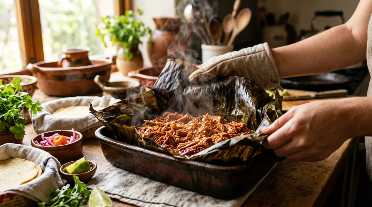 Cochinita pibil cocinándose envuelta en hojas de plátano
