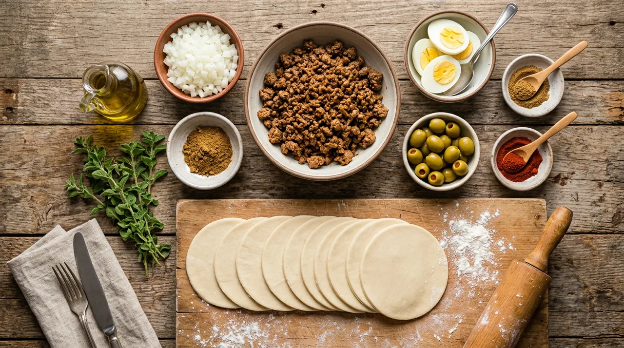 Ingredientes para empanadas argentinas de carne: carne molida, cebolla, huevo, aceitunas y discos de masa