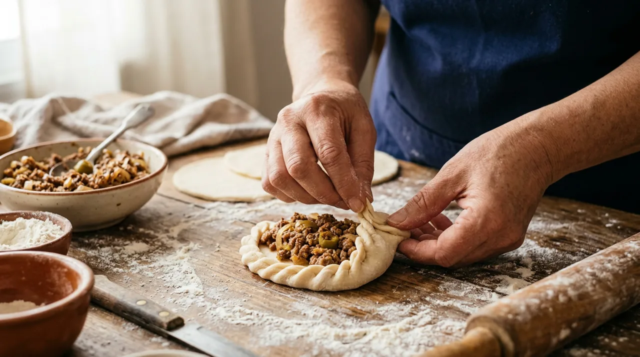 Manos sellando una empanada argentina con el repulgue clásico