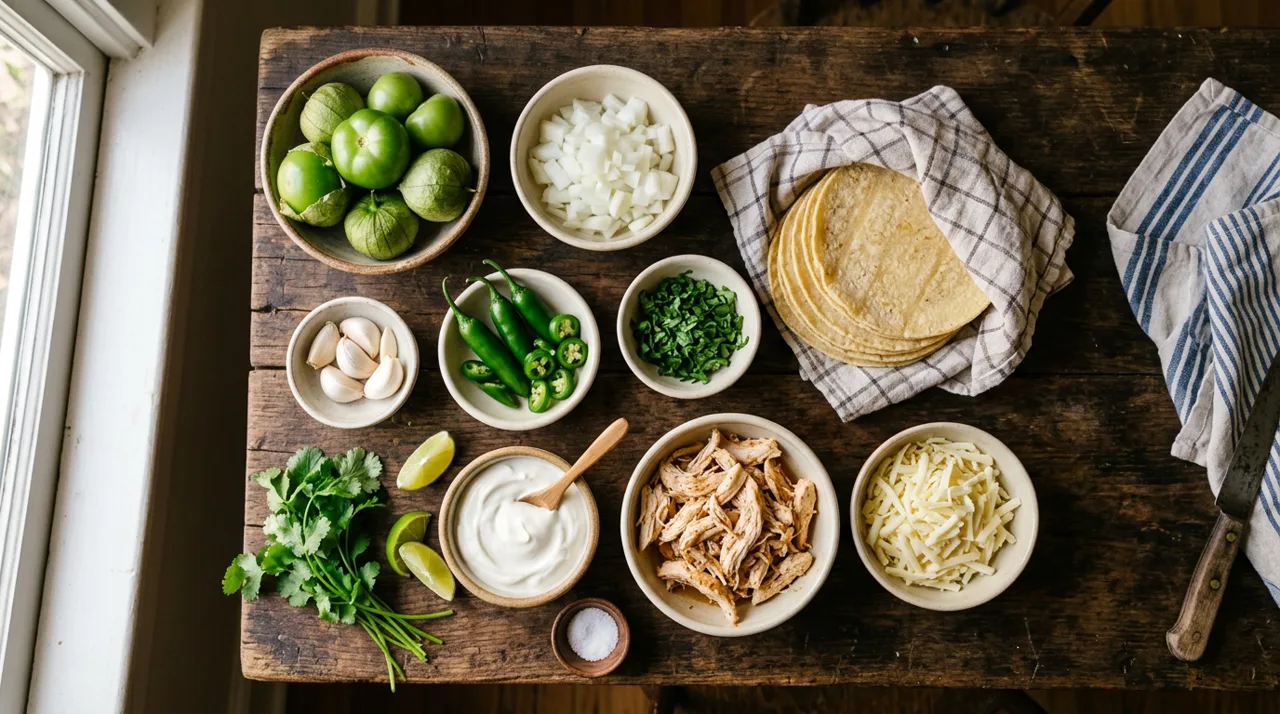 Enchiladas suizas: tortillas de maíz, tomatillo, crema, pollo deshebrado y queso rallado