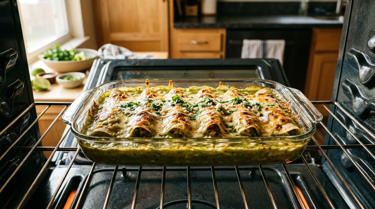 Enchiladas suizas gratinándose en el horno con el queso burbujeante