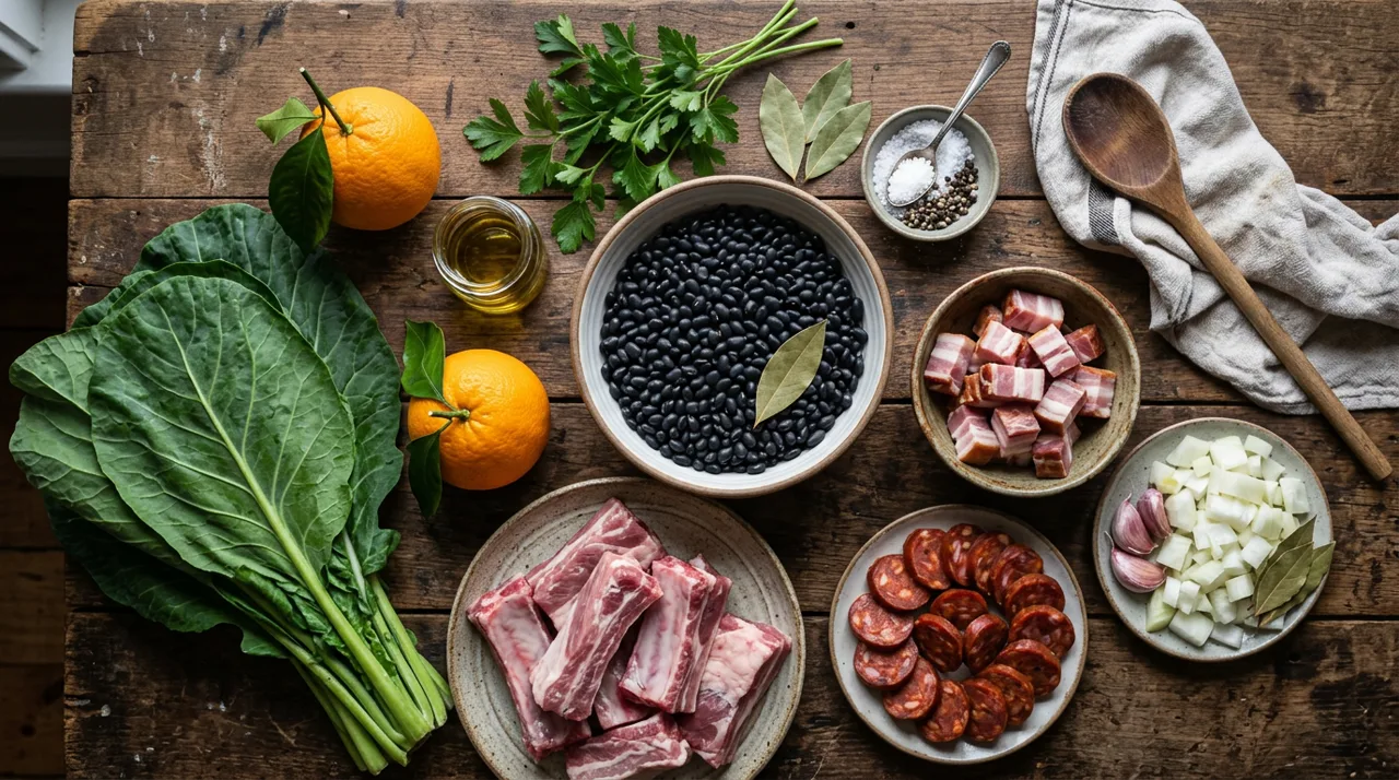 Ingredientes para feijoada brasileña: frijoles negros, costilla de cerdo, chorizo, tocino, naranja, col y arroz