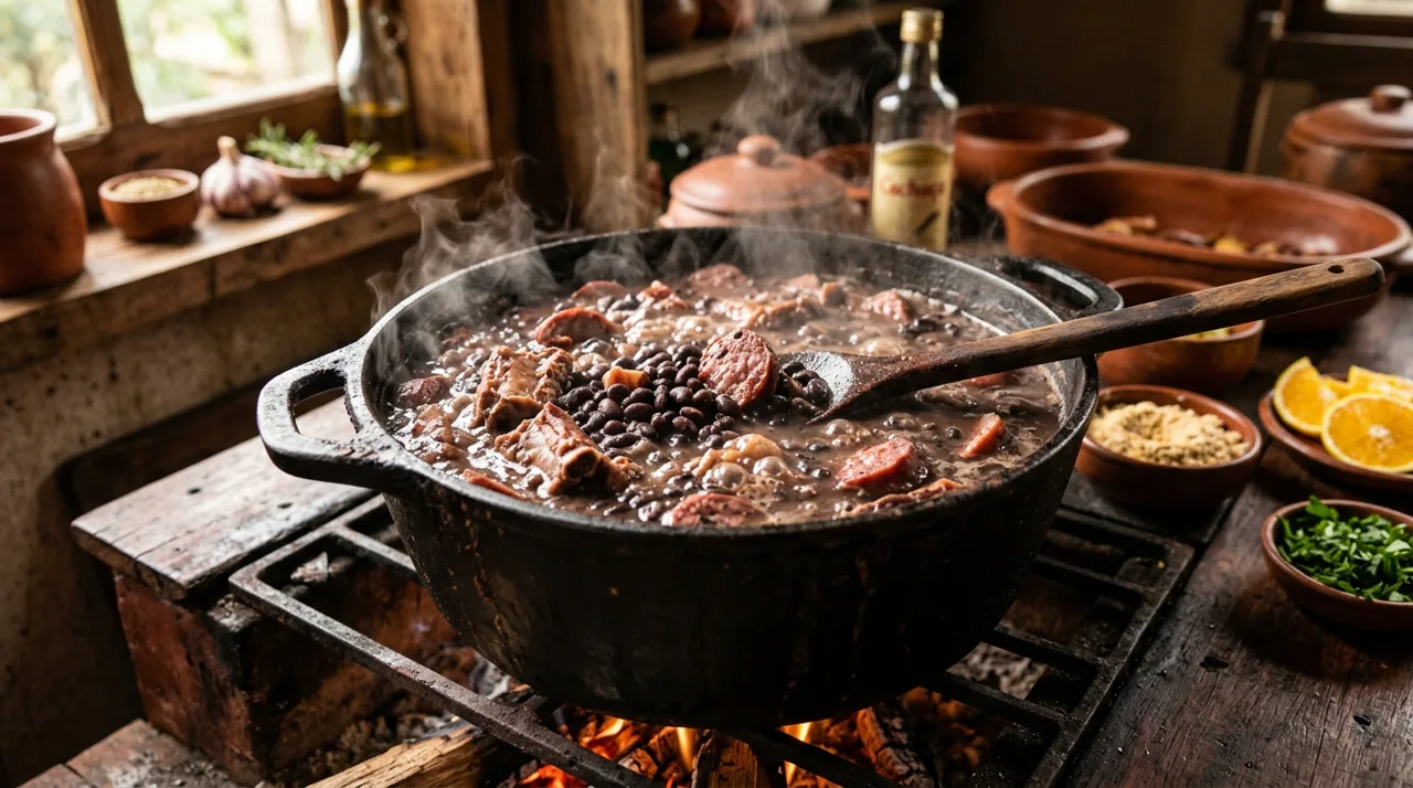 Feijoada brasileña cocinándose a fuego lento en olla grande: frijoles negros con carnes en caldo espeso