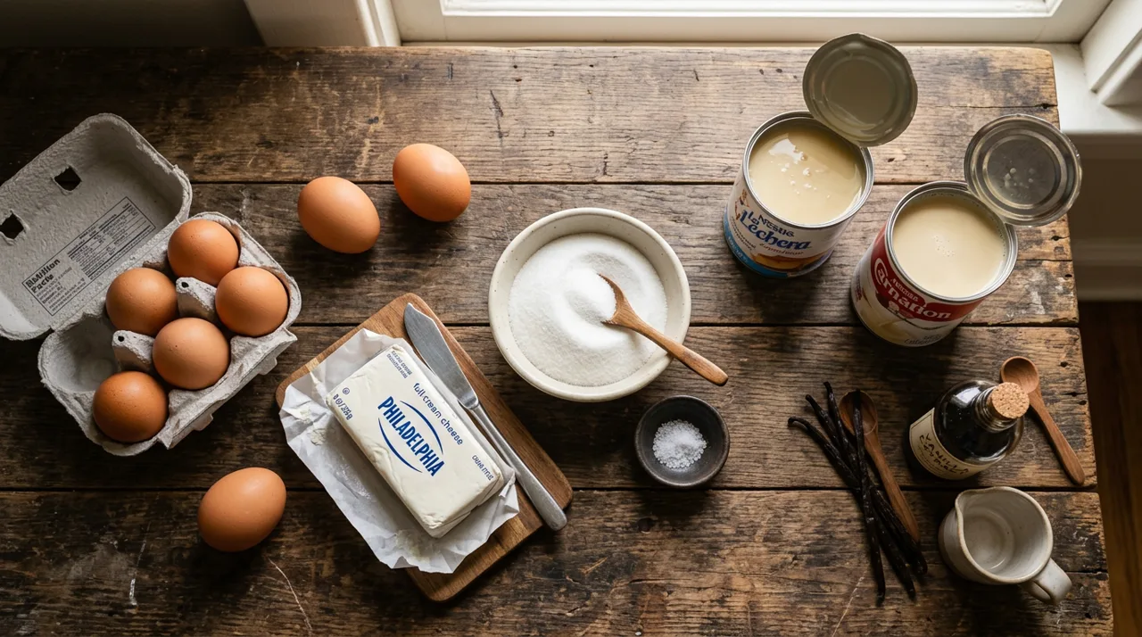 Ingredientes del flan napolitano: huevos, leche condensada, leche evaporada, vainilla y azúcar