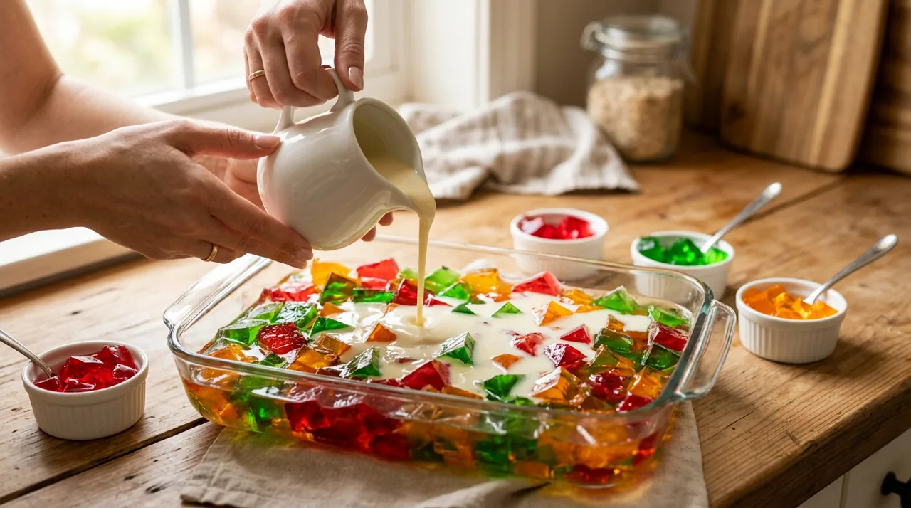 Vertiendo la leche blanca sobre los cubos de colores