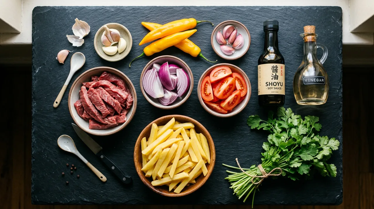 Ingredientes del lomo saltado: tiras de res, cebolla morada, tomate, ají amarillo y papas