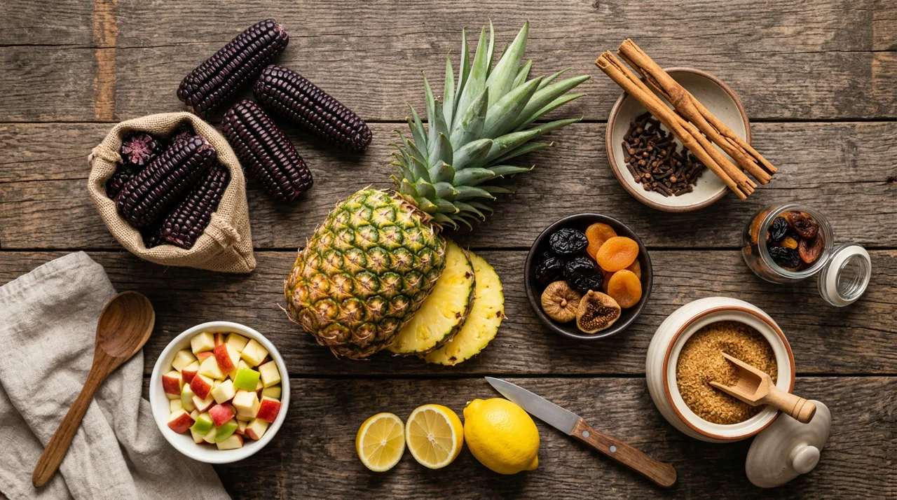 Ingredientes de la mazamorra morada: maíz morado, piña, canela, clavo y azúcar