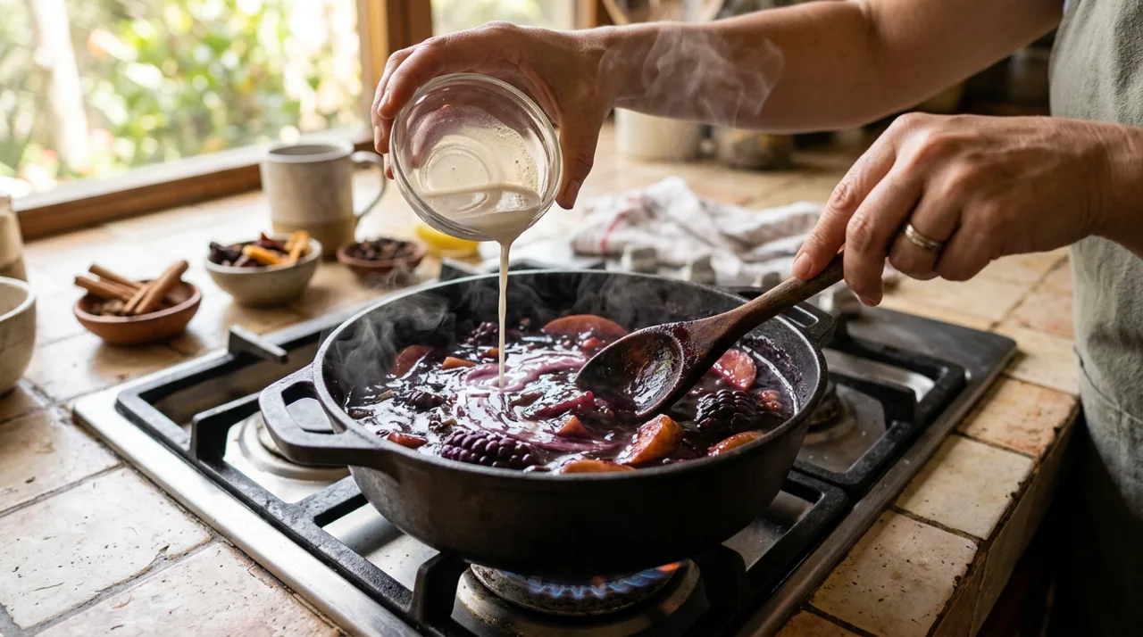 Vertiendo chuño disuelto en la olla de mazamorra morada para espesarla