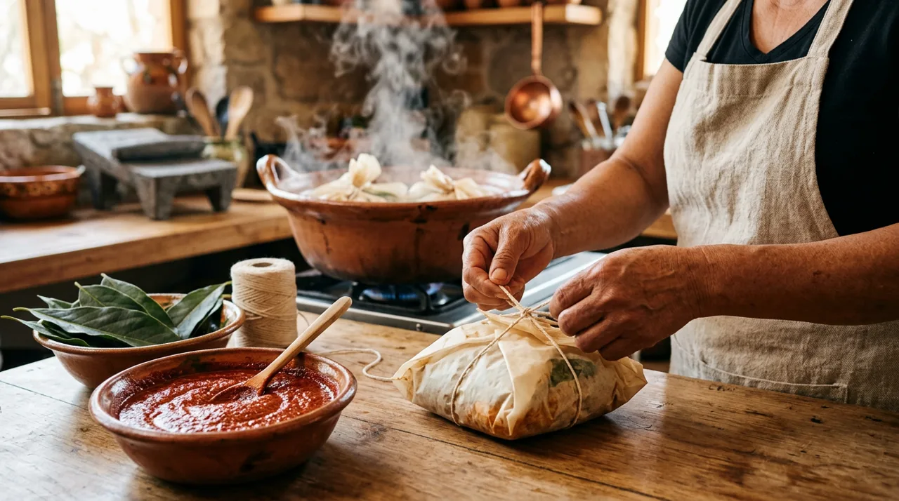 Envolviendo el pollo marinado en papel para los mixiotes