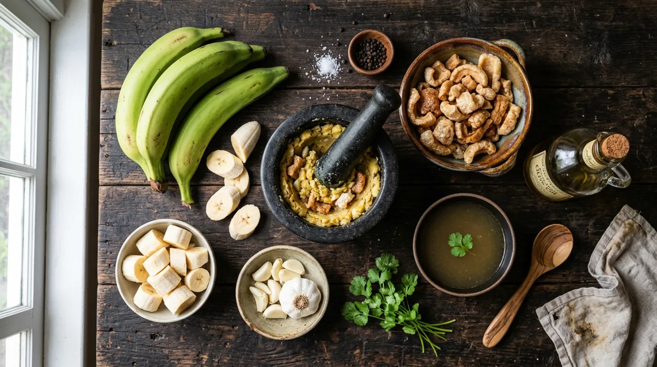 Ingredientes frescos para preparar mofongo puertorriqueño