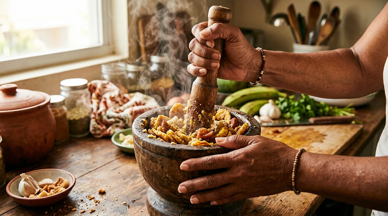 Mofongo siendo machacado en pilón de madera con ajo y chicharrón