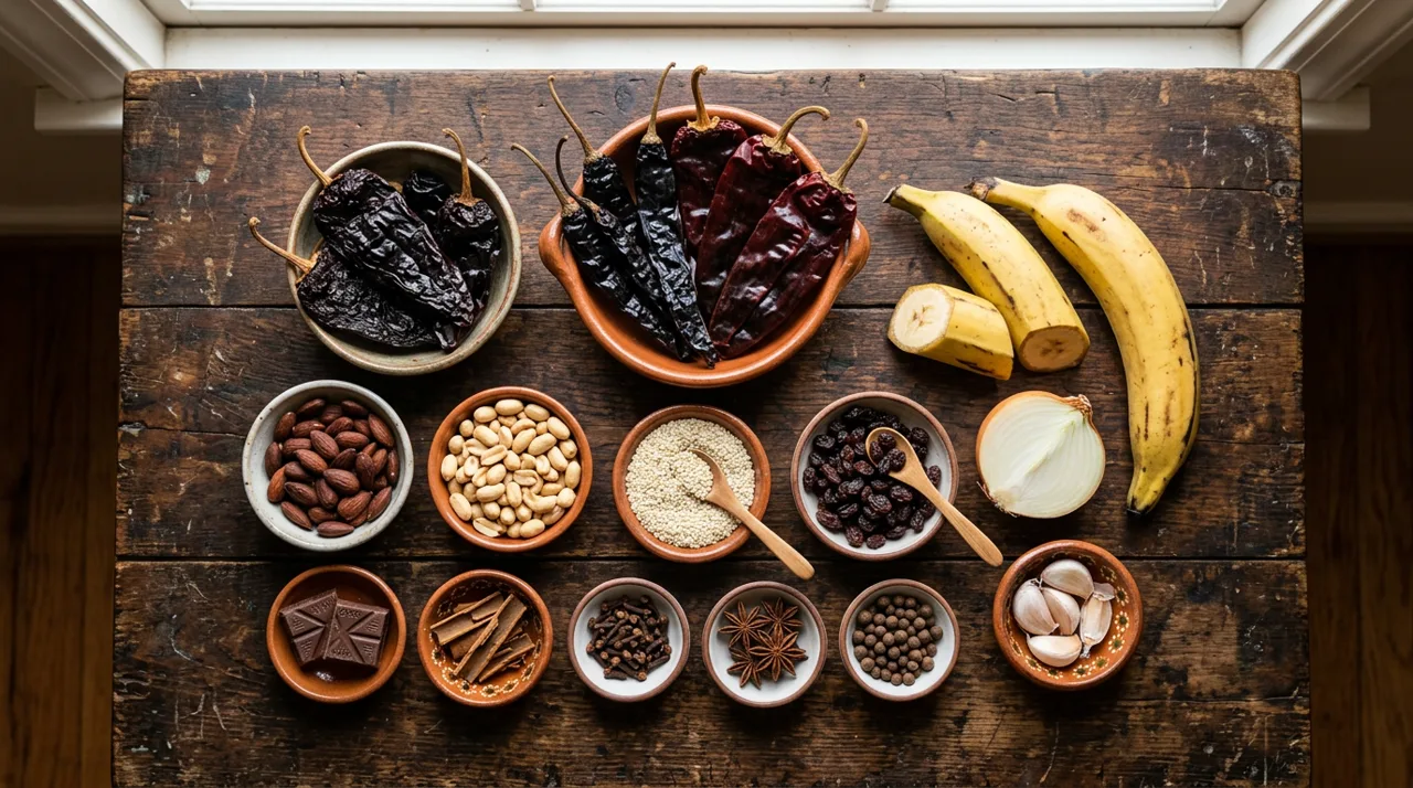 Ingredientes del mole poblano: chiles secos, frutos secos, chocolate y especias