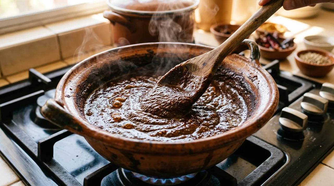 Salsa de mole poblano cociéndose a fuego lento en cazuela de barro
