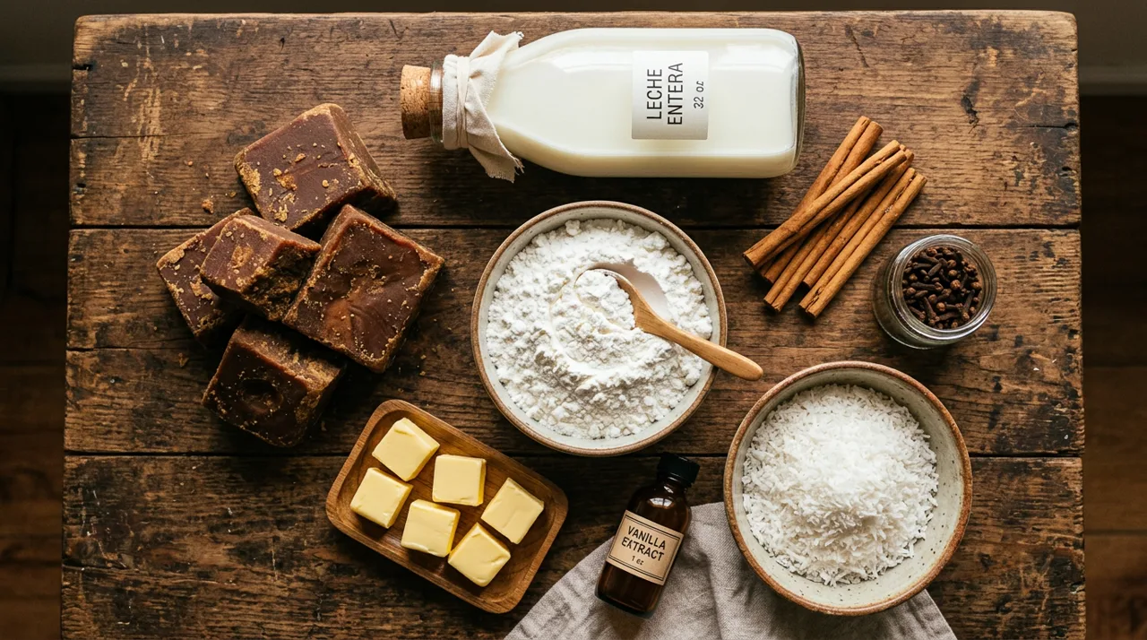 Ingredientes de la natilla colombiana: panela, leche, fécula de maíz y canela