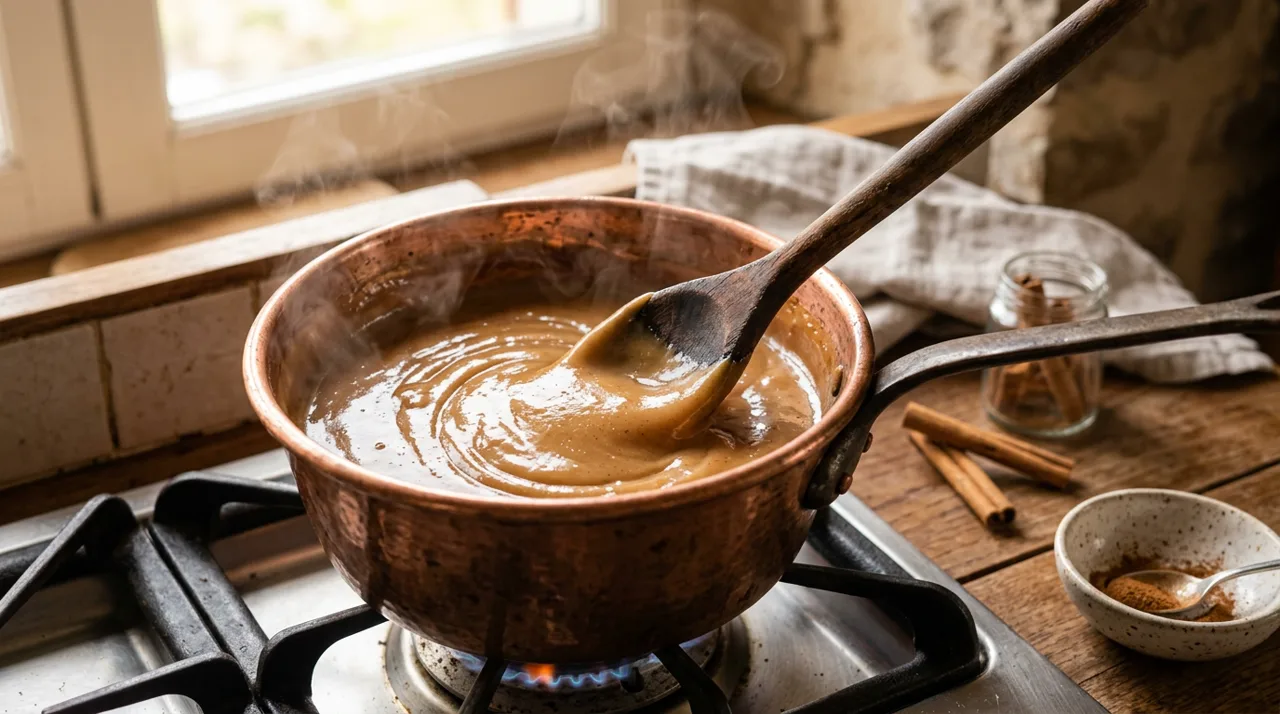 Natilla colombiana espesándose en la olla con cuchara de madera