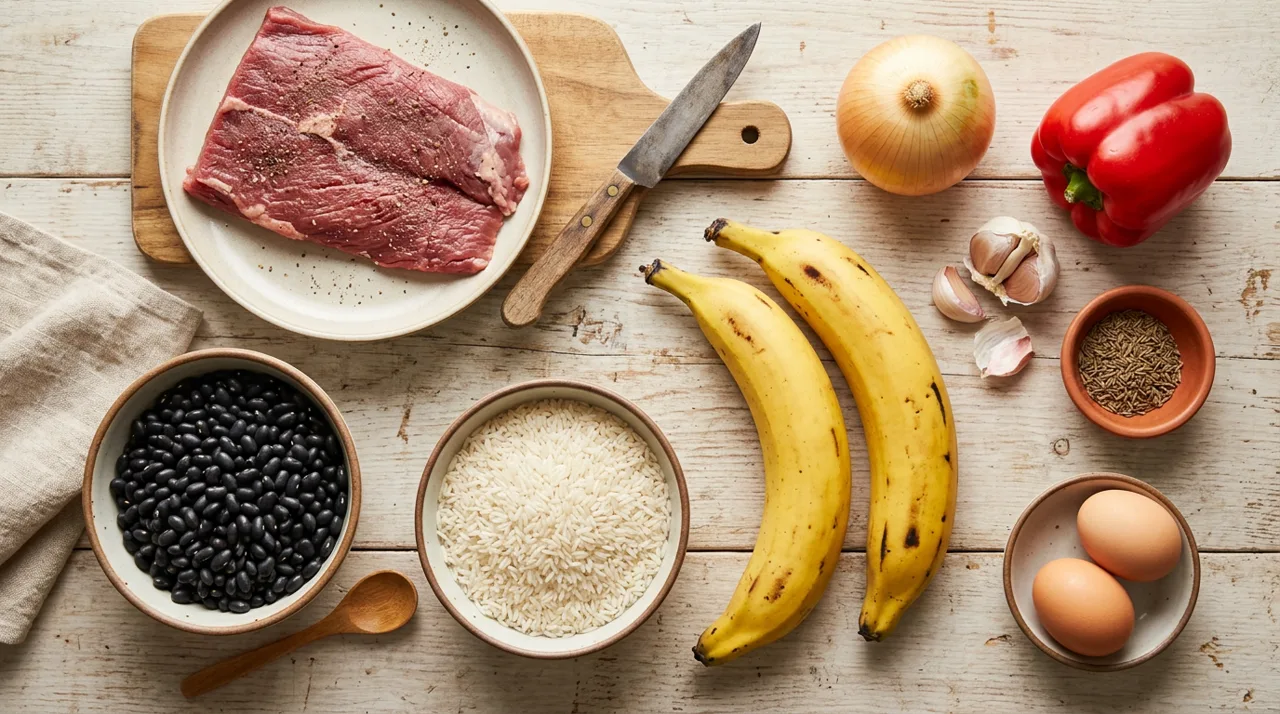 Ingredientes del pabellón criollo: carne, caraotas, arroz y plátanos