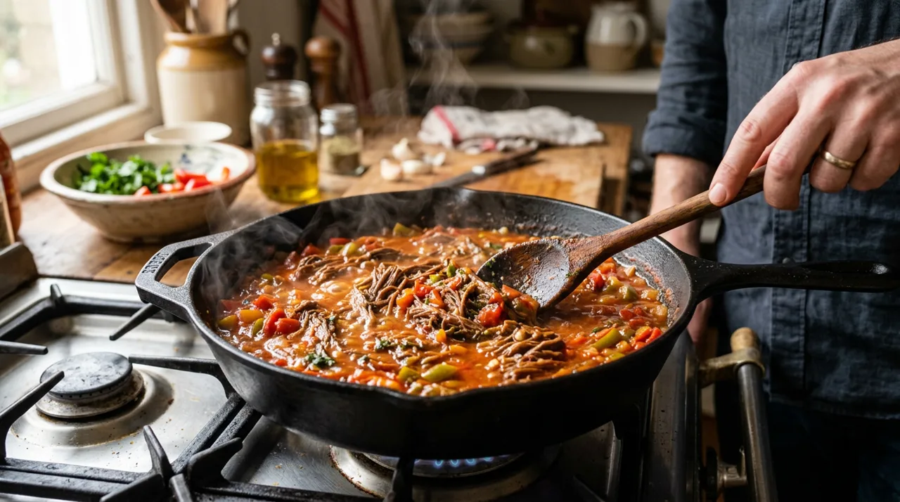 Carne mechada guisándose en sofrito de tomate y pimentón