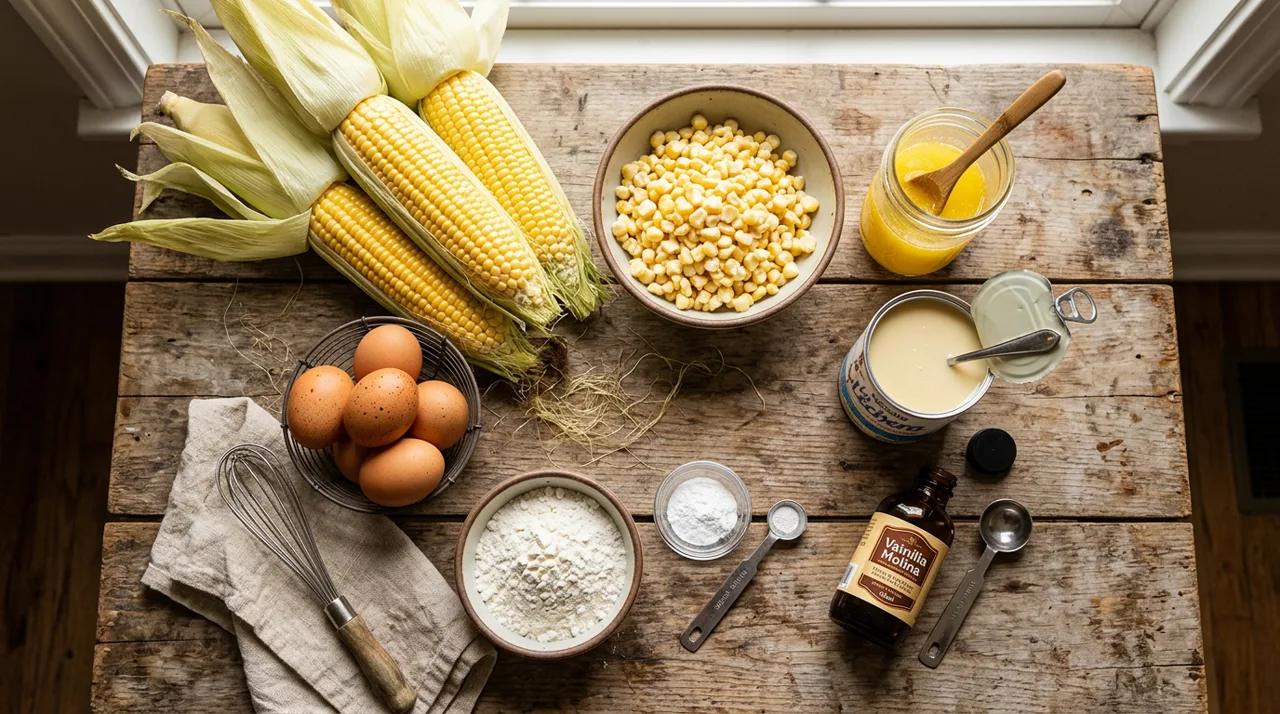 Ingredientes para pastel de elote: elotes tiernos, huevos, leche condensada, mantequilla y harina