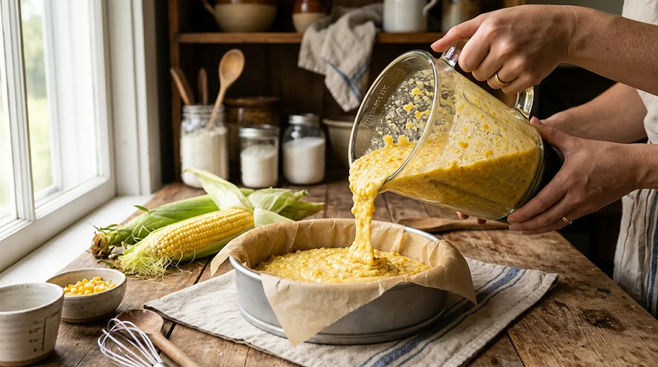 Vertiendo la mezcla de pastel de elote en el molde para hornear