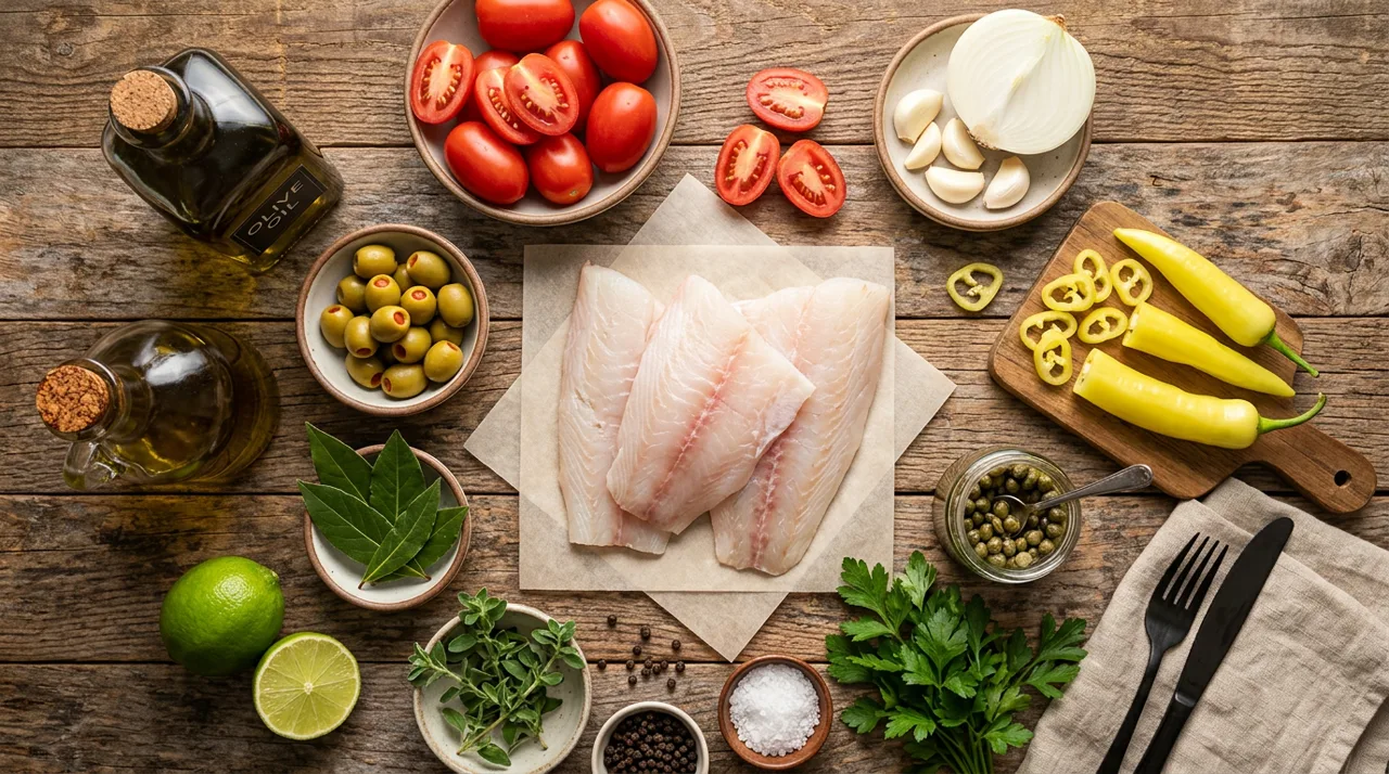 Ingredientes frescos para preparar pescado a la veracruzana