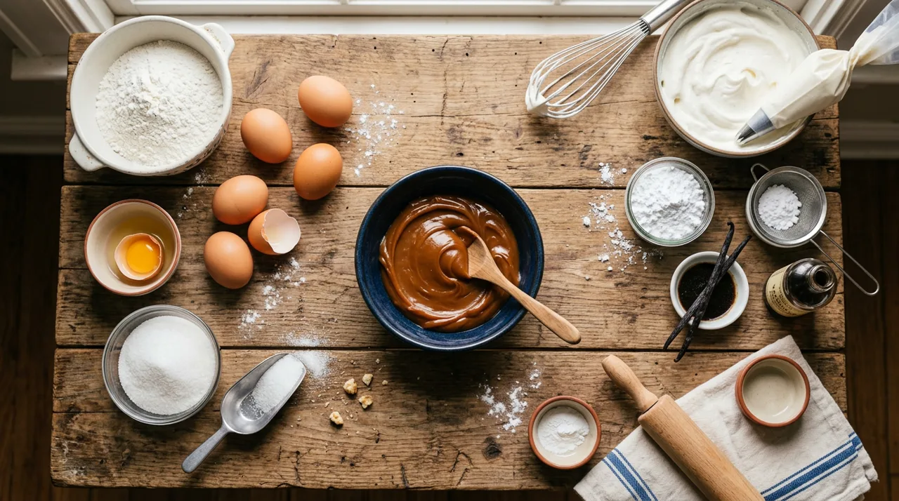 Bizcocho enrollándose con dulce de leche sobre papel encerado