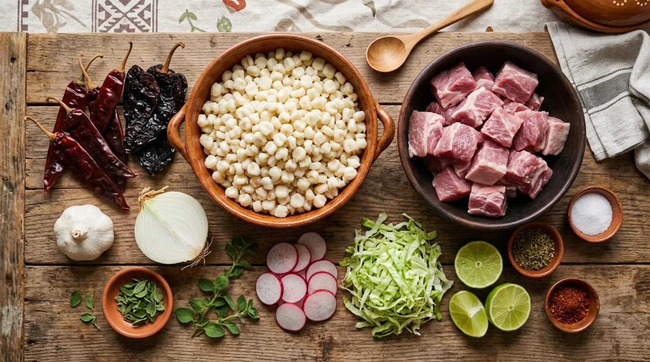 Ingredientes del pozole rojo: chiles guajillo, maíz cacahuazintle, cerdo y verduras
