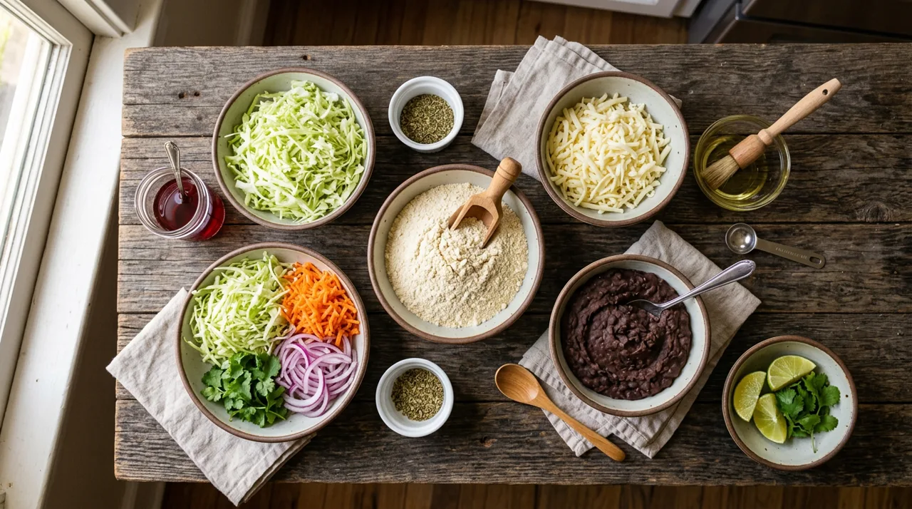 Ingredientes para pupusas salvadoreñas: harina de maíz, queso, frijoles, repollo y zanahoria