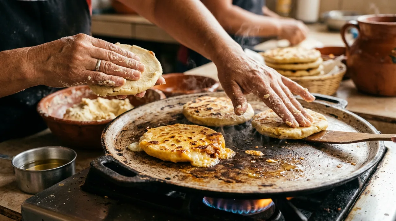 Pupusas dorándose en el comal